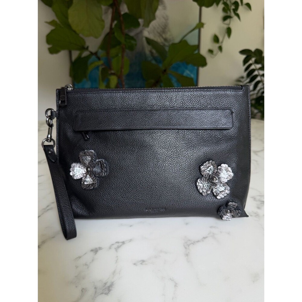 COACH Carryall Pouch Upcrafted w/ Leather Sequin Tea Rose Appliqué F28614 Black